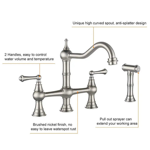8 Inch Centerset Bridge Kitchen Faucet With Brass Side Sprayer, Brushed Nickel Finish, Dual Handles, 4 Hole Deck Mount, Antique Heritage Look, Solid Brass Construction, Heavy Duty Kitchen Sink Tap with annotations
