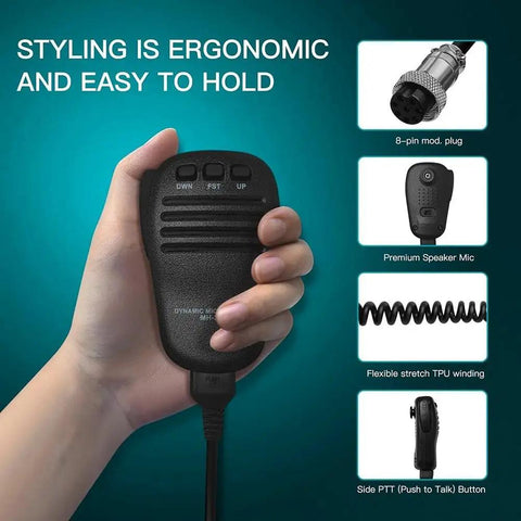 Person holding Rugged Handheld Speaker With Mic And Microphone Hanger For FT Series Ham Radios Providing Long Range Voice Transmission