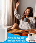 Top Shelf Replacement Water Filters For Siemens Eq6 Eq9 Coffee Machines 4 Pack compatible with Brita Intenza next to a woman enjoying coffee.