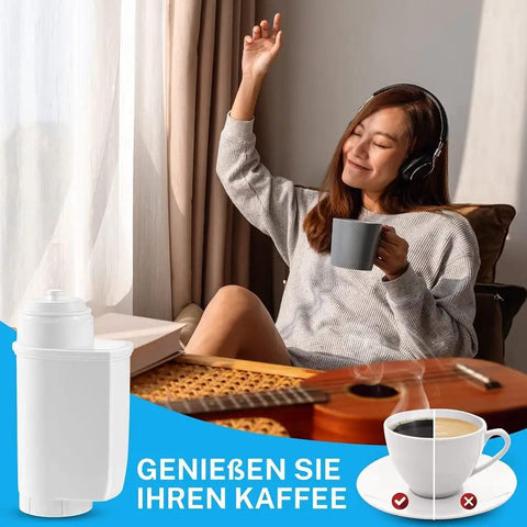 Top Shelf Replacement Water Filters For Siemens Eq6 Eq9 Coffee Machines 4 Pack compatible with Brita Intenza next to a woman enjoying coffee.