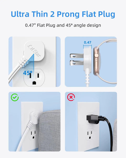 Flat Plug Extension Cord Pack Six Foot White Indoor Power Strip With Three Polarized Outlets And Tamper Guard Two Pack