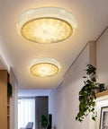 Solar Shed Light With Dimmable Remote Control 1000 Lumen LED, ceiling mounted, emitting warm white light in a modern room.