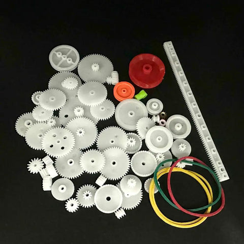 60 Piece Plastic Gear Kit For DC Motors And RC Cars Belt Pulleys Spindle Gears Crown Gears Racks Rubber Bands