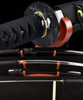 Dope Non Sharpened Aluminum Steel Katana Sword For Practice Laido Japanese Samurai Style Full Tang Blunt Blade displayed on stand