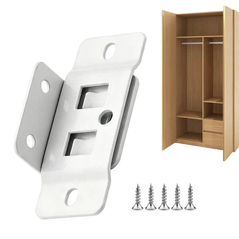 Sturdy L Shaped Corner Brace With Screws For Cabinets And Shelves next to a wooden cabinet
