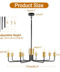 Diagram showing dimensions of the 8 Light Black and Gold Modern Farmhouse Chandelier for Dining Room with adjustable height.