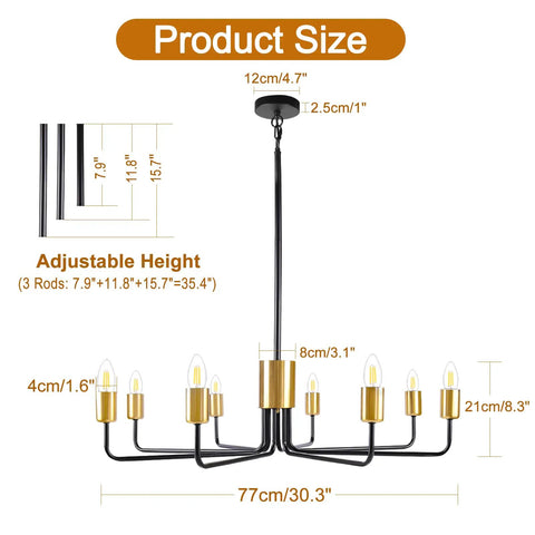 Diagram showing dimensions of the 8 Light Black and Gold Modern Farmhouse Chandelier for Dining Room with adjustable height.