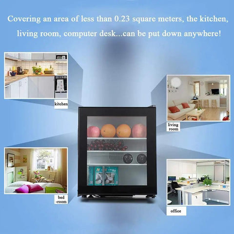 Compact Upright Mini Freezer Featuring A Sleek Black Glass Door With Energy Efficient Cooling That Runs Dead Quiet At Twenty Eight Decibels Ideal For Dorms Offices Or Small Bedrooms With Plug And Play Design in various settings.