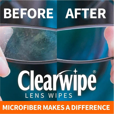Front view of Clearwipe Lens Wipes packaging, microfiber lens wipes, white, 40-count