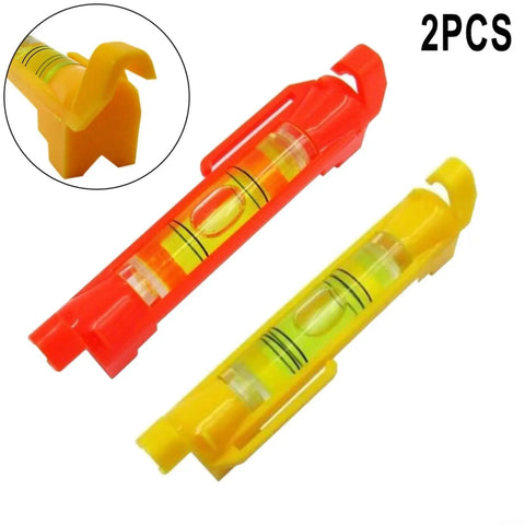 Hanging for spirit Level 2-Pack with Molded Hook in red and yellow colors. Compact design with visible bubble level.