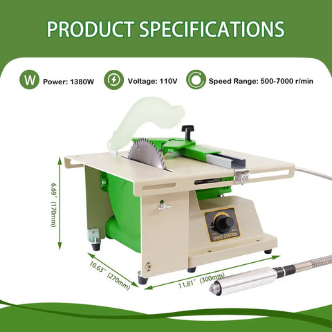 Heavy Duty 1380W Lapidary Saw Kit with Water-Cooled Table showing dimensions and specifications for rock cutting
