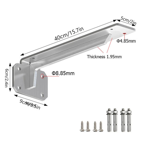 Heavy Duty Stainless Steel L Shaped Shelf Bracket Wall Mounted Brushed Finish with dimensions and screws for workspace use.
