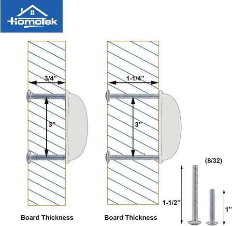 Installation diagram for 12 Pack Cup Pulls and Dresser Pulls in Brass Bronze Finish, with 3 Inch Hole Centers, showing board thickness options.