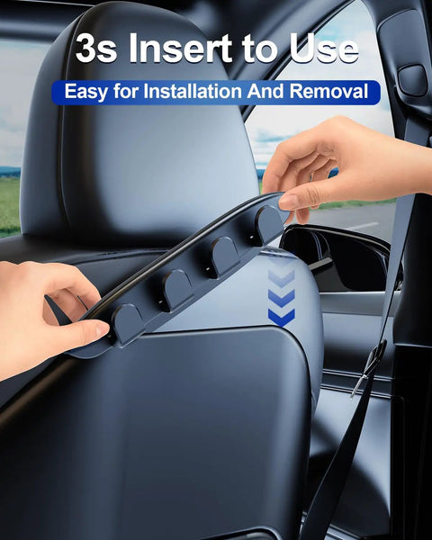 Person installing 2 Pack Car Seat Hooks For Tesla Model Y And Model 3 Purse Hanger on seat back for easy organization.
