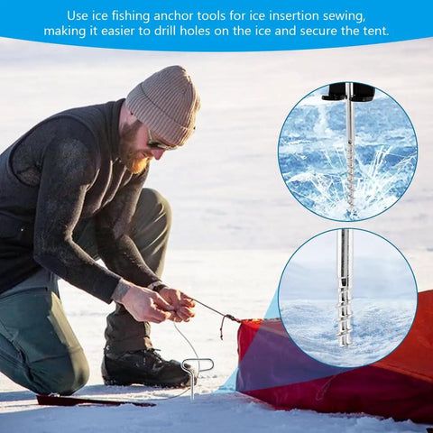 Man using All In One Ice Anchor Tool Kit With Drill Adapter for Ice Fishing Stakes in snowy setting