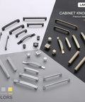Assorted cabinet knobs and pulls in black, chrome, and gold finishes, featuring various designs for kitchen and bath cabinets.