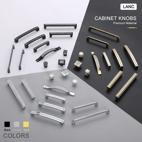 Assorted cabinet knobs and pulls in black, chrome, and gold finishes, featuring various designs for kitchen and bath cabinets.