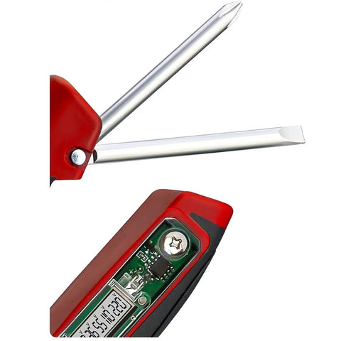 Close-up of Pro Grade Wire Stripping Tool with Built-In Electricity Tester showing red handle and digital display