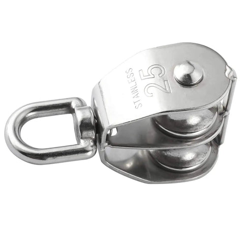 M25 Double Pulley Block Kit With 2 M8 Carabiners, 304 stainless steel swivel pulley close-up with 360-degree swivel top.
