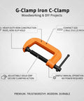 Heavy Duty Orange Iron G-Clamp For Woodworking And Diy Projects. 1 Inch Adjustable C Clamp with solid grip and secure clamping action.