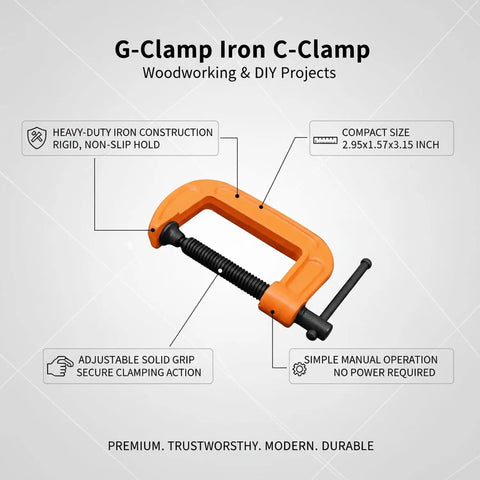 Heavy Duty Orange Iron G-Clamp For Woodworking And Diy Projects. 1 Inch Adjustable C Clamp with solid grip and secure clamping action.