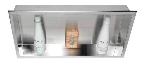 Polished Stainless Steel Horizontal Bath And Shower Niche 24 X 12, Fully Finished, with soap and shampoo bottles inside, top view