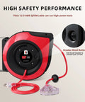 Retractable Extension Cord Reel With 65 Feet Of 12 AWG Heavy Duty Power Cord 15 Amp Breaker Three Lighted Outlets Tangle Free Ceiling Or Wall Mount For Indoor Use Red SJTOW Rated showing breaker reset button and thick SJTO cable.