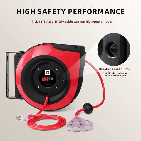 Retractable Extension Cord Reel With 65 Feet Of 12 AWG Heavy Duty Power Cord 15 Amp Breaker Three Lighted Outlets Tangle Free Ceiling Or Wall Mount For Indoor Use Red SJTOW Rated showing breaker reset button and thick SJTO cable.