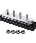Beefy 600Amp 4 Post Power And Ground Distribution Busbar With Nickel Plated Copper Terminals, 3/8 inch studs and 14mm locknuts, black.