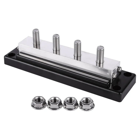Beefy 600Amp 4 Post Power And Ground Distribution Busbar With Nickel Plated Copper Terminals, 3/8 inch studs and 14mm locknuts, black.