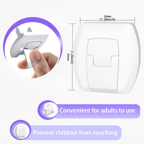 Kid Safe Outlet Covers 32 Pack With Hidden Pull Handle, dimensions and details shown, ease of use for adults highlighted
