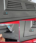 2-pack compression cabinet latches for RVs, black plastic with key, shown installed on gray cabinet panels (front/side/close-up views).