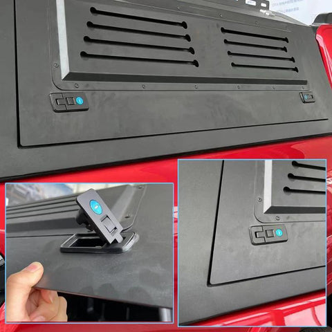 2-pack compression cabinet latches for RVs, black plastic with key, shown installed on gray cabinet panels (front/side/close-up views).