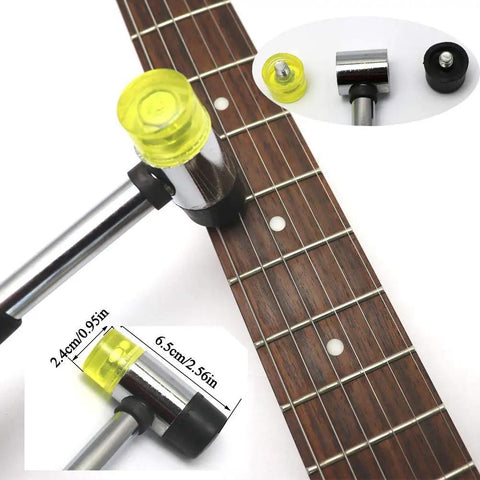 Guitar Luthier Tool Kit With Double Headed Fret Hammer Crowning File Fret Rocker Stainless Steel Tools Fingerboard Guards Grinding Stones For Precise Fret Work Setup And Maintenance DIY Friendly For Beginners To Pros double-headed hammer on guitar fretboard.