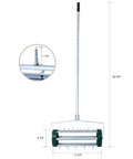 Rolling Lawn Aerator with 39 iron spikes, 58-inch handle, heavy-duty steel frame, and dimensions shown.