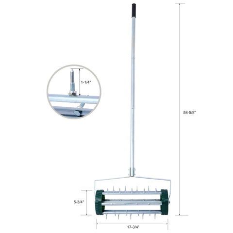 Rolling Lawn Aerator with 39 iron spikes, 58-inch handle, heavy-duty steel frame, and dimensions shown.