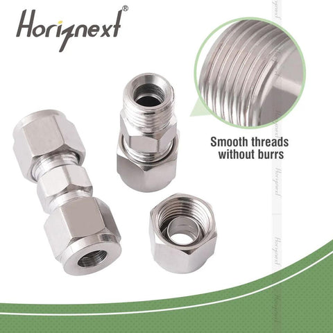 Front view of Horiznext 1/4-inch stainless steel 304 compression fittings (4 pcs) with hex nuts