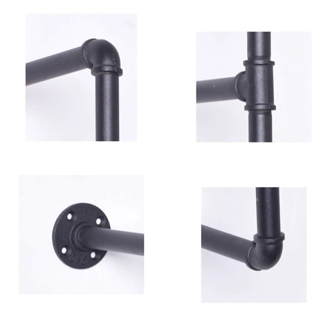 Industrial Black Pipe Shelf Kit 5 Tier Open Wall And Ceiling Mounted Bookshelf details showing pipe joints and flanges