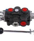 Hydraulic control valve, 4-way 3-position, lever; black body with red port caps, 3/4 in NPT in/out; 1/2 in NPT ports