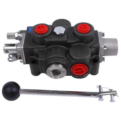 Hydraulic control valve, 4-way 3-position, lever; black body with red port caps, 3/4 in NPT in/out; 1/2 in NPT ports