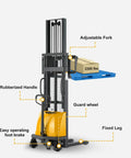 Heavy-Duty Semi-Electric Stacker Pallet Lift With 3300 Lbs Capacity And 118 Inch Reach Height, showing adjustable forks and rubberized handle.
