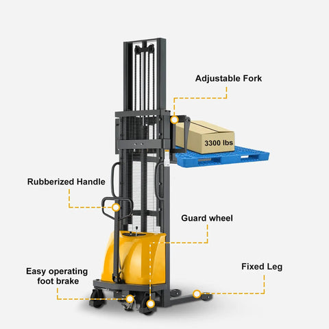 Heavy-Duty Semi-Electric Stacker Pallet Lift With 3300 Lbs Capacity And 118 Inch Reach Height, showing adjustable forks and rubberized handle.