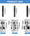 Product size details of 3Pcs Heavy Duty PVC Pipe Threader Kit with measurements for 1/2, 3/4, and 1 inch dies.