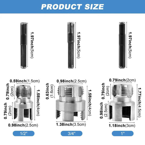 Product size details of 3Pcs Heavy Duty PVC Pipe Threader Kit with measurements for 1/2, 3/4, and 1 inch dies.