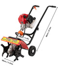 52cc Gas Powered Tiller Cultivator for Backyard Garden and Lawn side view, showing durable iron and plastic build, 2 stroke engine