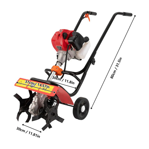 52cc Gas Powered Tiller Cultivator for Backyard Garden and Lawn side view, showing durable iron and plastic build, 2 stroke engine