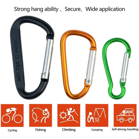 Image of 20 Pack Carabiner Clips With Keychains And D Ring Hooks Multi Size Set For Backpacks Water Bottles Keys Home RV Outdoor Includes 3 Styles And Assorted Colors, showing three carabiner sizes in black, orange, and green with secure hooks.