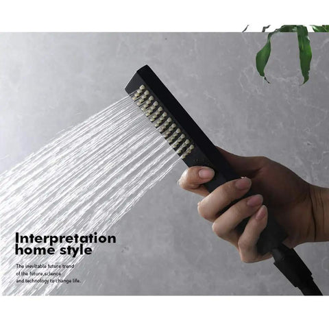 Wall Mounted Concealed Shower System With All Copper Thermostatic Valve Slick Matte Black Finish In Wall Waterfall Rain Shower Set Heavy Duty Hot Cold Mixing Valve Hella Smooth Water Flow Design For Modern Bathrooms - matte black handheld shower head with water flow.