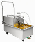 Top Shelf Commercial Fryer Oil Filter Cart With 550W Stainless Steel Filtration System showing shiny steel frame and oil catch tank.