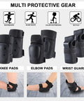 6 In 1 Protective Gear Set With Knee Pads Elbow Pads And Wrist Guards For Skateboarding Biking Roller Skating And Cycling Adults And Kids Durable Impact Resistant With Ventilated Foam For Comfort And All Day Safety shown with product descriptions and usage icons.